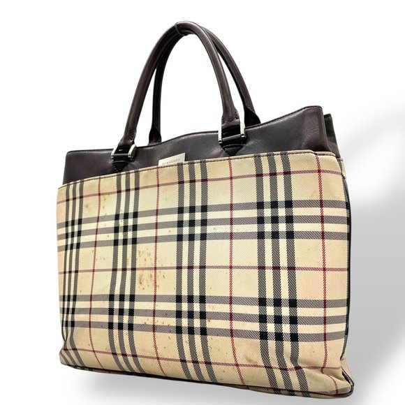 BURBERRY Nova Check Tote Bag, Beige/Brown Canvas and Leather with Silver Hard... - Picture 1 of 16